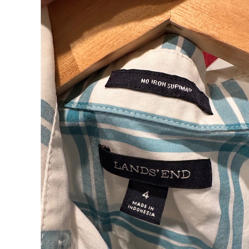 Lands End Sleeveless Supima Cotton Plaid Button Front Shirt Size 4 Turquoise - Picture 3 of 5